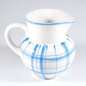 Hand Painted Blue Plaid Pottery Pitcher, 7" Tall